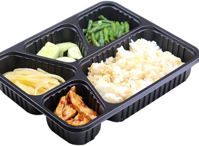 Hemoton 30pcs Disposable Bento Box 5 Compartment Meal Prep Container with Lid Microwave Heating Food Box for Home Restaurant (Black)