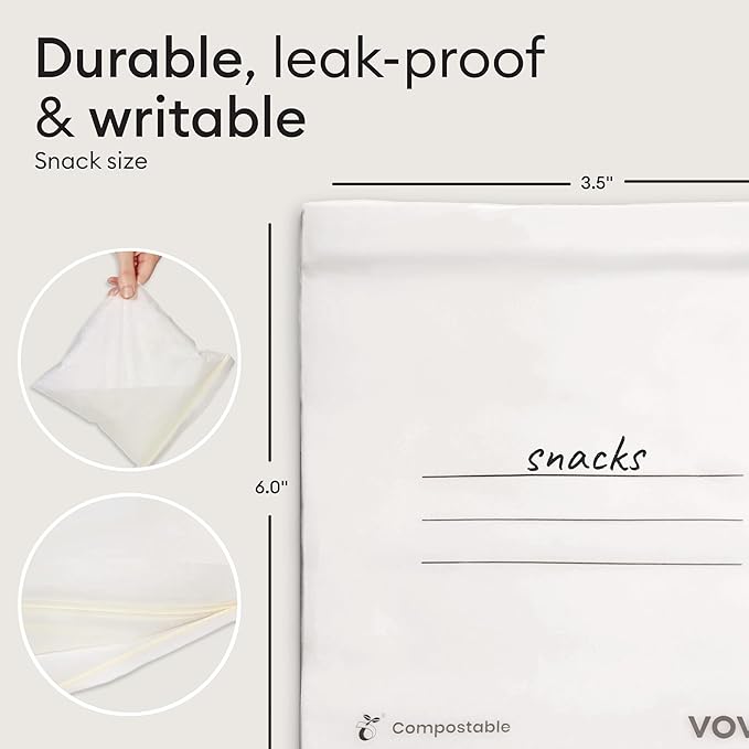 Vove Compostable Snack Bags, Small 50 Count – Freezer Safe, Leak Resistant, Non Toxic, Writable & Reusable Food Storage, Plastic-Free Eco Bags