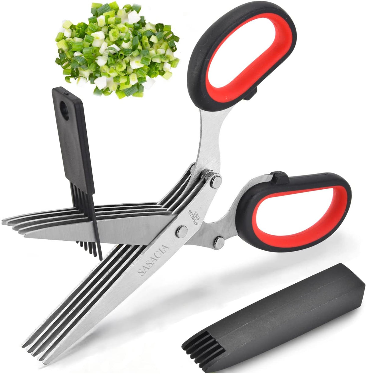 Herb Scissors with 5 Blades & Cleaning Kit, Stainless Steel Kitchen Shears for Herbs, Lettuce, Cilantro, Dishwasher Safe, Soft-Grip Handle
