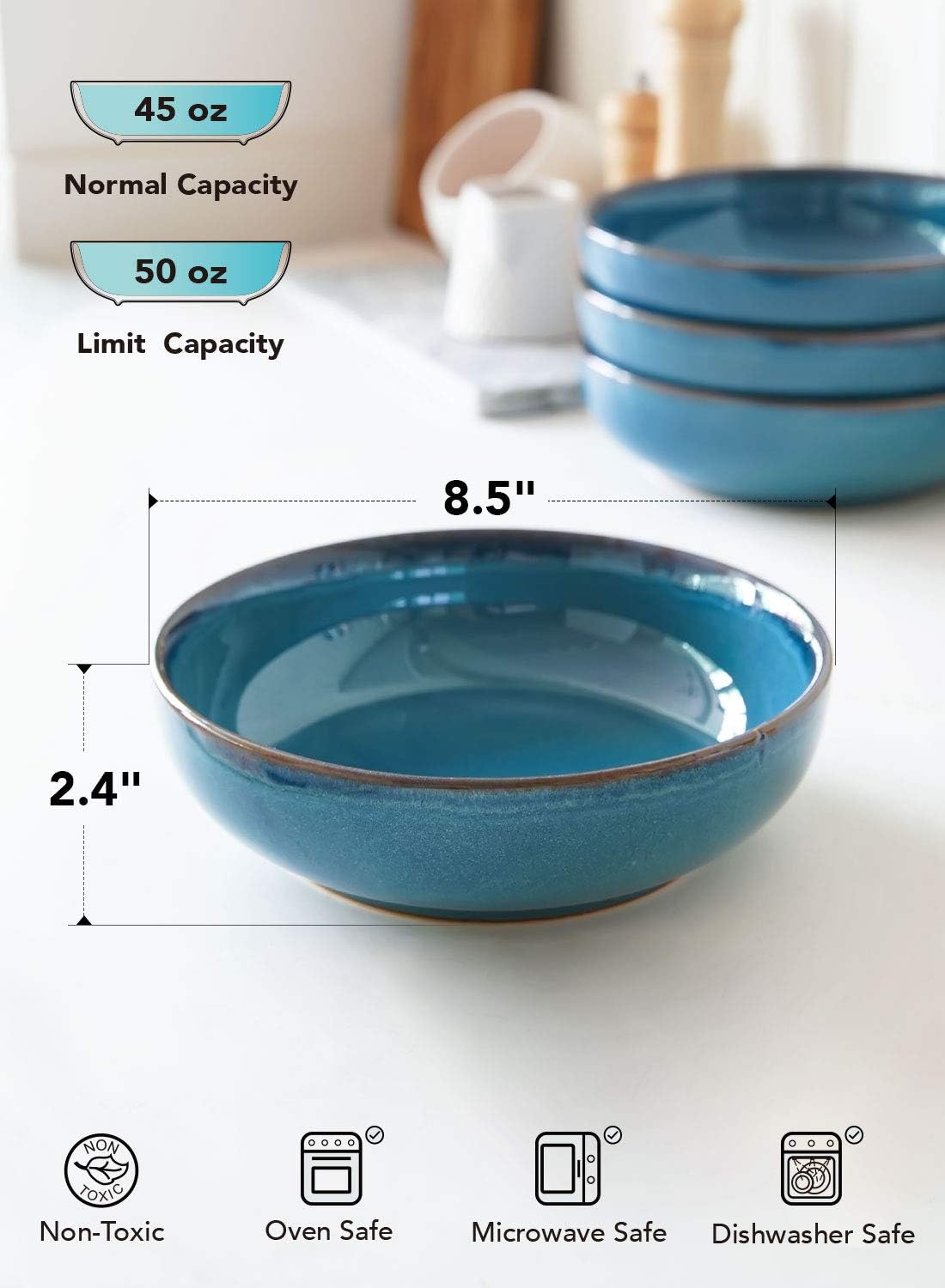 LE TAUCI Pasta Bowls 45 Ounce, Ceramic Salad Bowl, Large Serving Bowl Set - Set of 4, Ceylon Blue