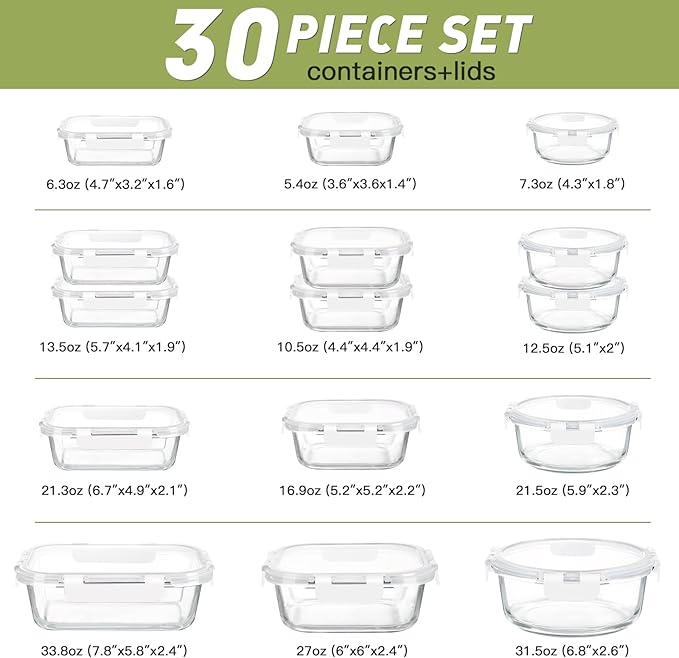 BAYZZ 30 Piece Glass Food Storage Containers Set, Glass Meal Prep Containers with Lids, Airtight Lunch Box, BPA-Free, Microwave, Freezer & Dishwasher Safe,White