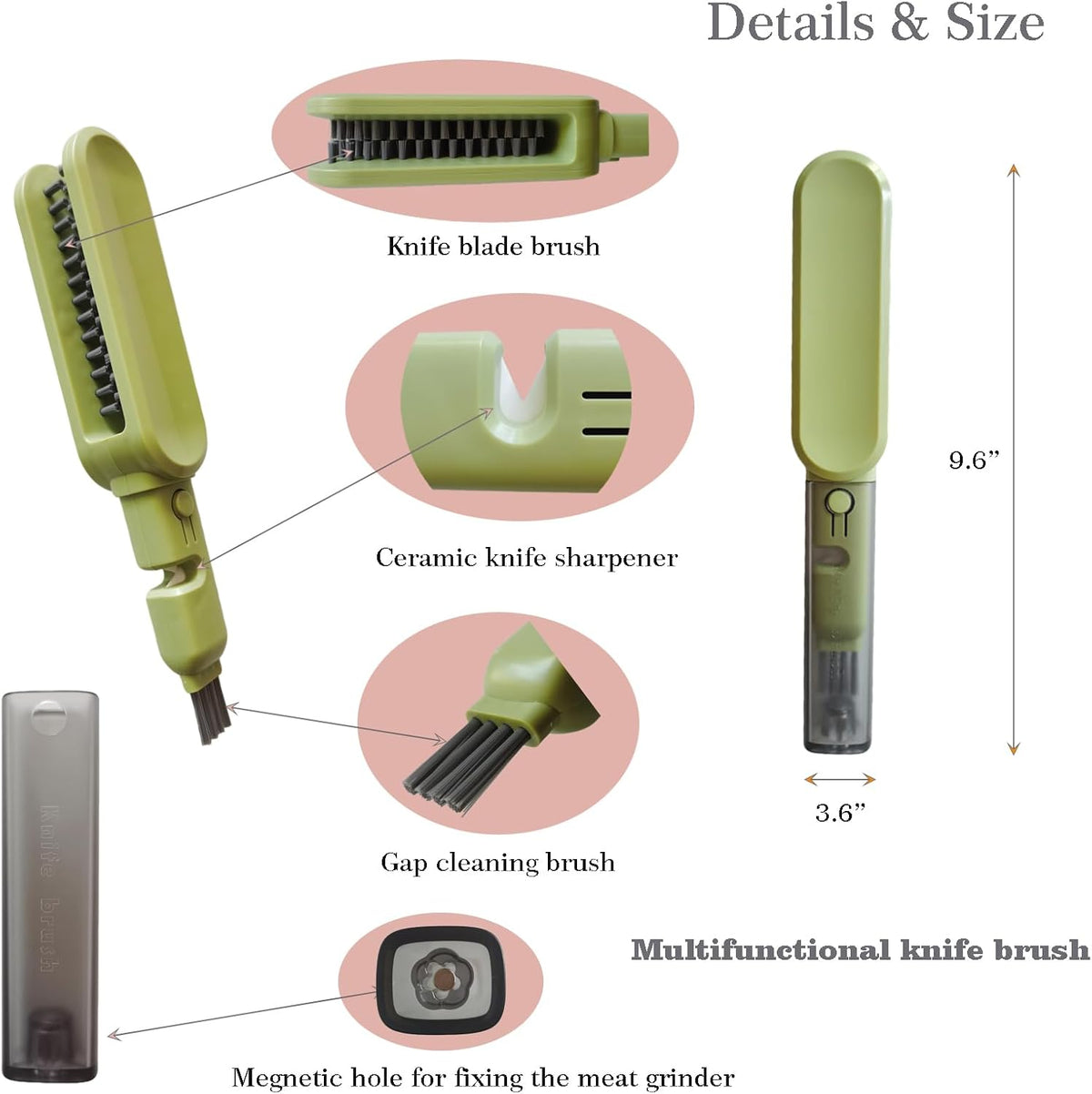 Knife Blade Brush with Long Handle and Lid Integrate Knife Sharpener and Gap Cleaning Brush, Double Side Bristle Scrubber for Kitchen knife Blade Chopsticks Dish Cutlery Fork Spoon's Washing