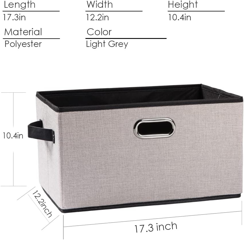 PRANDOM Larger Collapsible Storage Bins for Closet [5-Pack] Decorative Linen Fabric Storage Baskets Cubes with Leather/Metal Handles for Living Room Light Grey (17.3x12.2x10.4 Inch)