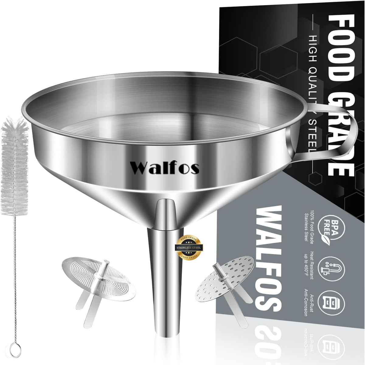 Large Stainless Steel Funnel, Walfos Kitchen Funnel with 2 Removable Strainer ＆ 1Pc Cleaning Brush, Perfect for Transferring of Liquid, Oils, Jam, Dry Ingredients & Powder (Big, 5.7")