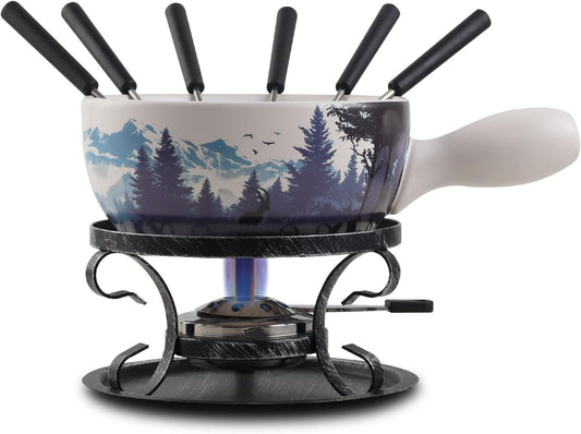 Artestia Serene Summits Swiss Design Fondue Set for Party - 2L Large Capacity Ceramic Fondue Pot Melting Cheese, Chocolate, 6 Fondue Forks, Fondue Party, Wedding Gifts