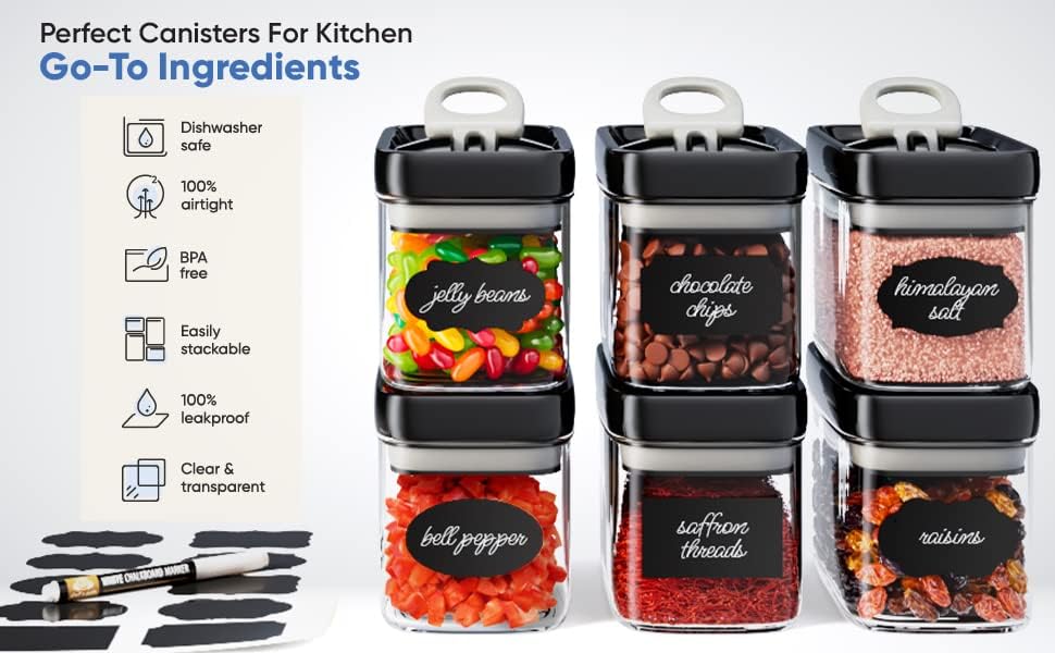 Chef's Path Airtight Food Storage Containers with Improved Lids, Set of 6, 1L Kitchen and Pantry Canisters for Coffee, Spices, and Dry Food, Includes Labels and Marker - Transparent, All Same Size