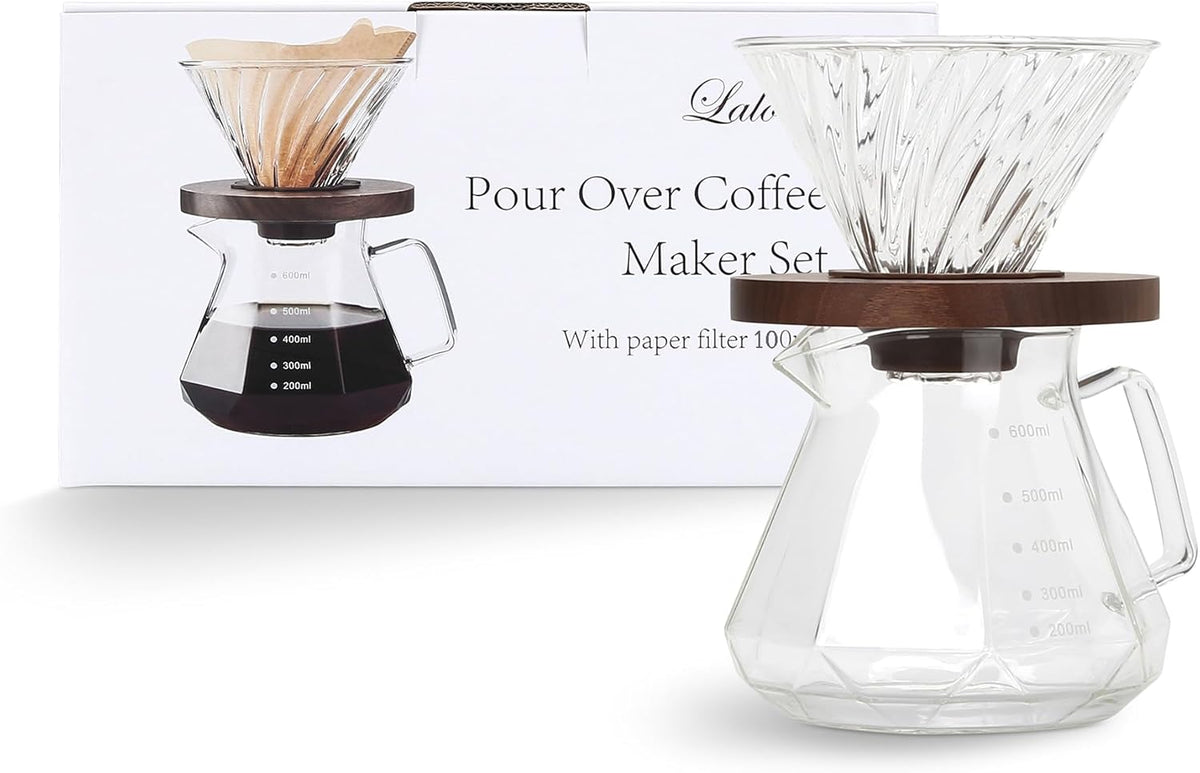 Pour Over Coffee Maker, 20 oz Borosilicate Glass Carafe with 100 pcs V60 Paper Filter by Gsform, Walnut Handle & Glass Lid, Drip Coffee Maker for Home Café Restaurant Camping, 600 ml, Clear