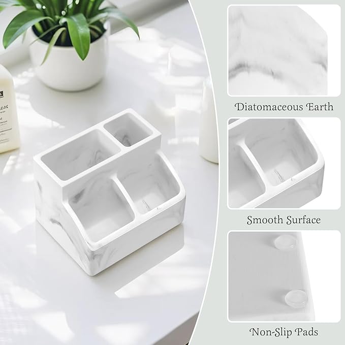 Luxspire Toothbrush Holder, Fast Drying Toothbrush Holders for Bathroom, Diatomaceous Earth Electric Tooth Brush Organizer Toothpaste Holder for Countertop Dresser, Marble White