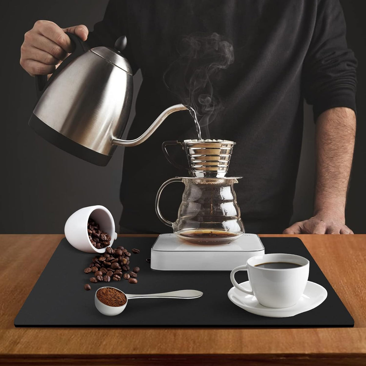 ZLR Coffee Mat - 16" x 20" Large Kitchen Hide Stain Absorbent Dish Drying Mat for Countertop - Easy to Clean Coffee Bar Mat for Espresso Machine and Spill Protection - Black