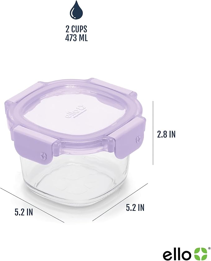 Ello Color Lock 2 Cup 6PC, 3 Pack Glass Meal Prep Sets Leak-Proof Glass Food Storage Containers with Airtight BPA-Free Plastic Lids, Dishwasher, Microwave, and Freezer Safe, Purple Rain