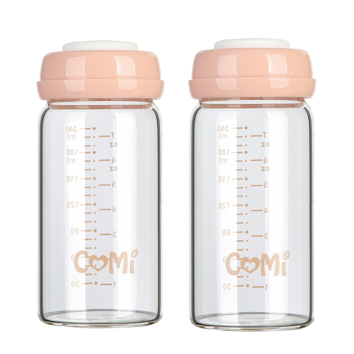 COMI Wide Neck Glass Breastmilk Collection n Storage Bottle, 8oz with Screw Ring Sealing Disk; Re-markable Sealing Disc. BPA Free, Fits Breast Pumps & Nipples (2 Pink Lids)