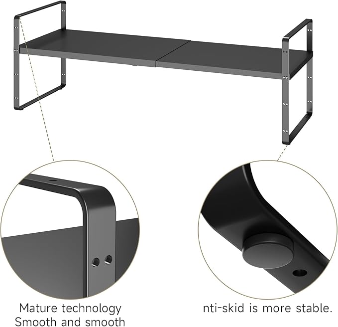16.5~27.1" Expandable Shelf Organizer, 1Pack 8.1" Wide Stackable Cabinet Shelf Organizers, Black Metal Sturdy Kitchen Counter Storage for Countertop, Adjustable Height Spice Rack