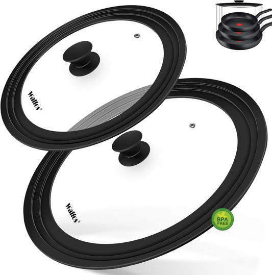Walfos Universal Lid, Tempered Pan Lid with Heat Resistant Silicone Rim, Fits All 7" to 12" Diameter Cookware, Pots, Pans and Skillets (2Pk)