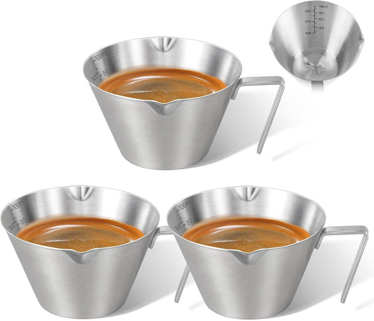 3Pcs Stainless Steel Espresso Cups, Double Spout Metal Espresso Measuring Cup with Handle, Dual Scale Espresso Pouring Cup with V-Shaped Mouth, 3.4oz/100ml (Silver)