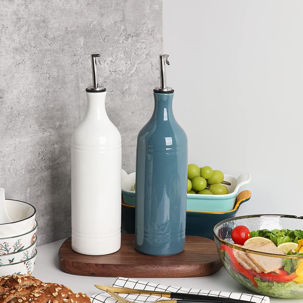 Sweejar Large Ceramic Olive Oil Dispenser Bottle, Opaque Oil Cruet Protects Oil to Reduce Oxidation, Suitable for Storage Oil, Vinegar, Soy Sauce & Other Liquids, Pack of 1, 24 Fl Oz (Fog Blue)