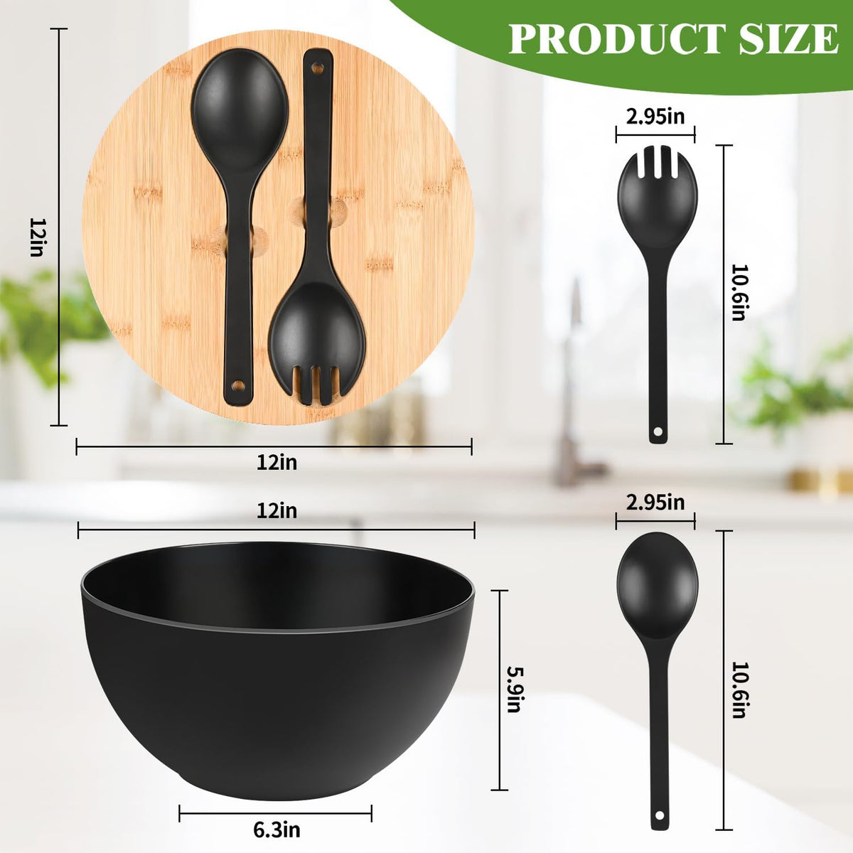 Salad Bowl with Lid, 12" Extra Large Bamboo Fiber Salad Bowl with Servers Set for Kitchen, Nature Bamboo Mixing and Serving Bowl with Lid, Spoon and Fork for Fruits,Salads and Vegetables