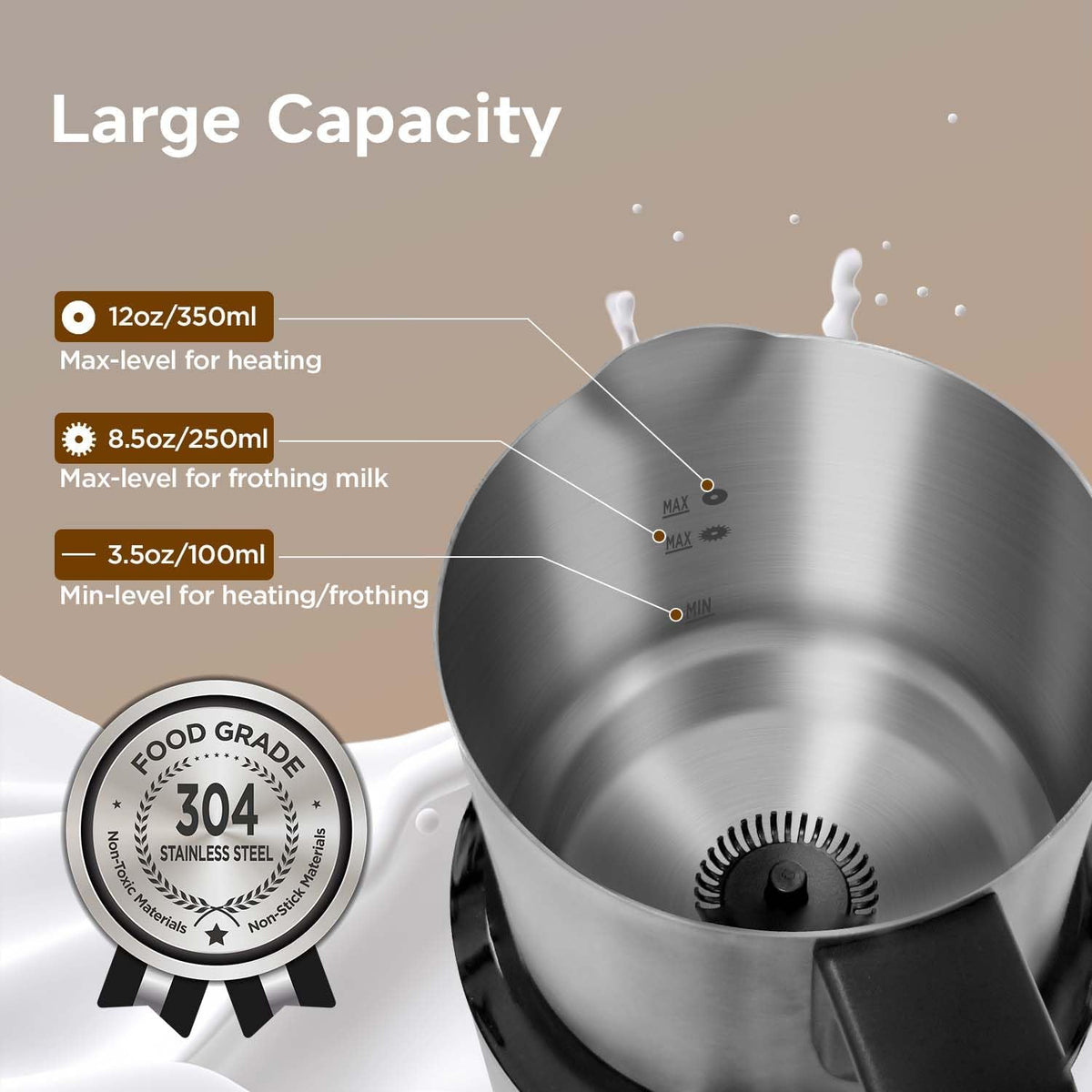 Detachable Milk Frother, Food Grade Stainless Steel 17oz Electric Milk Steamer, Easy Clean with Dishwasher Safe, Automatic Hot/Cold Foam Maker, Hot Chocolate Maker, 120V, Black