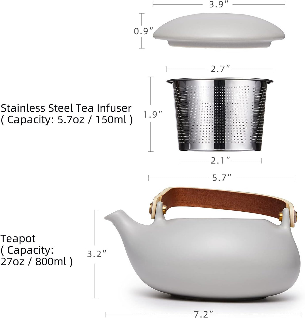 ZENS Vintage Japanese Teapot with Strainer, 27oz Matte Ceramic Loose Leaf Teapot with Infuser, Wood Handle Gray Japanese Teapots Hot Tea Brewer Pot for Women, Tea Lovers Gifts