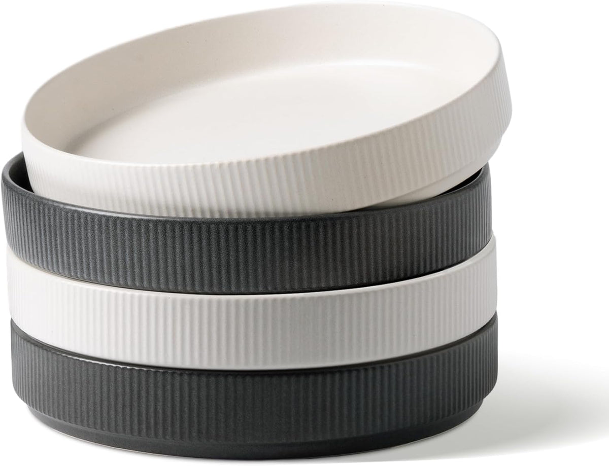 famiware Star 8.25" Pasta Bowls, Large Dinner Bowls Set of 4, Salad Bowl Plates, Shallow Bowls for Eating, Dark Charcoal & White Full Glaze Matte