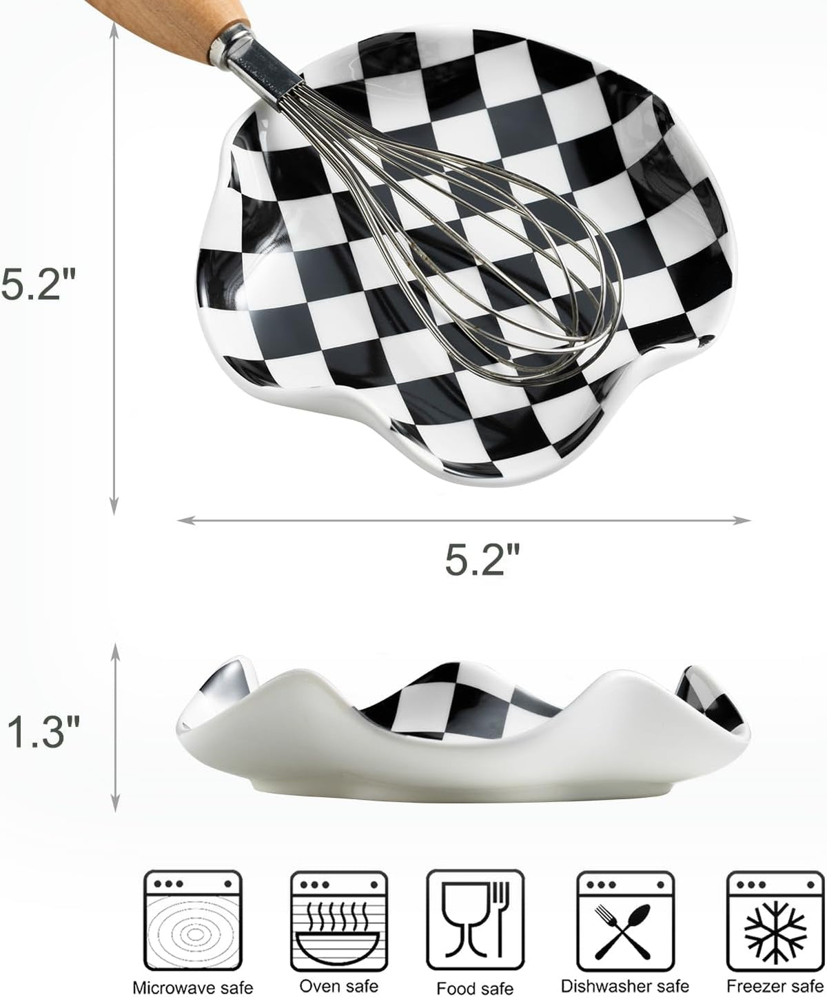Spoon Rest for Stove Top - 5.3in Checkered Spoon Holder Utensil Rest, Ceramic Spoon Rests for Kitchen, Cooking - Black and White Kitchen Decor, Housewarming Gifts