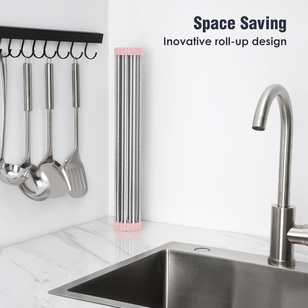 Tomorotec 17.7" x 15.5" Roll Up Dish Drying Rack Over Sink Drying Rack Sink Cover Kitchen Sink Accessories Gadget Multipurpose Organizer Foldable Stainless Steel Drainer