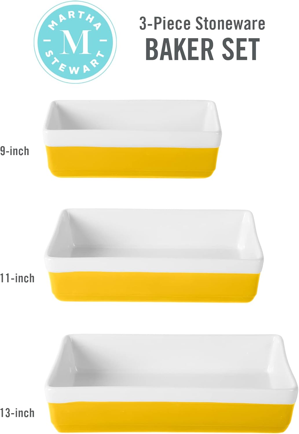 MARTHA STEWART 3 Piece Oven to Table Stoneware Bakeware, Baking Dish & Casserole Set - Yellow