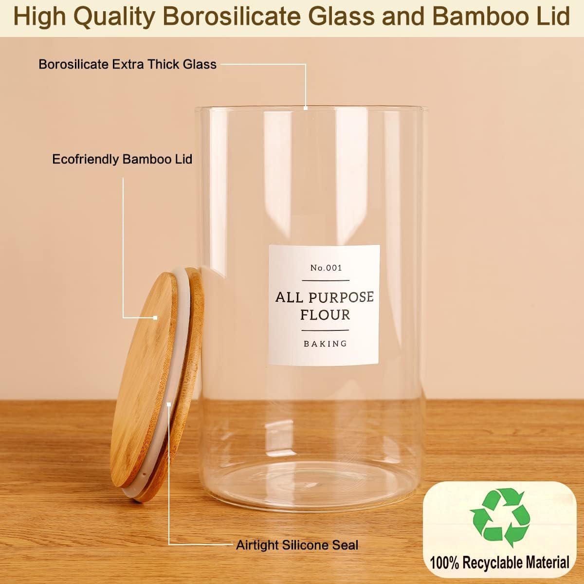 1 Gallon Large Glass Food Storage Containers With Airtight Bamboo Lid - Kitchen Glass Storage Jars Canister With 42 Pantry Labels - Thicken Big Clear Rice Containers For Your Pantry