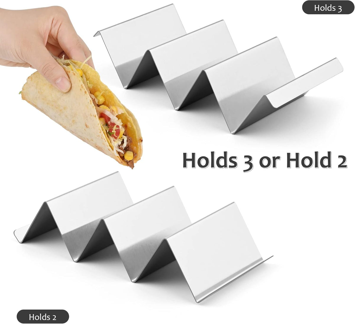 Smithcraft Stainless Steel Taco Holder Set - Stand with Handle, Holds Up to 3 Tacos Each