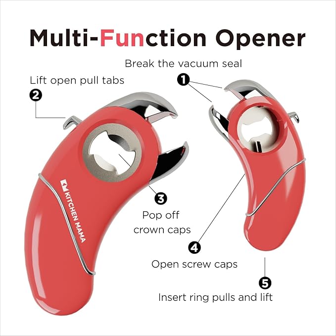 Kitchen Mama Epic One Multifunction Opener: Magnetic Bottle Opener, Beer Soda Opener, Effortless Jar Lid Opener for Seniors and Elderly with weak Hands and Arthritis, Essential Kitchen Gadget (Red)