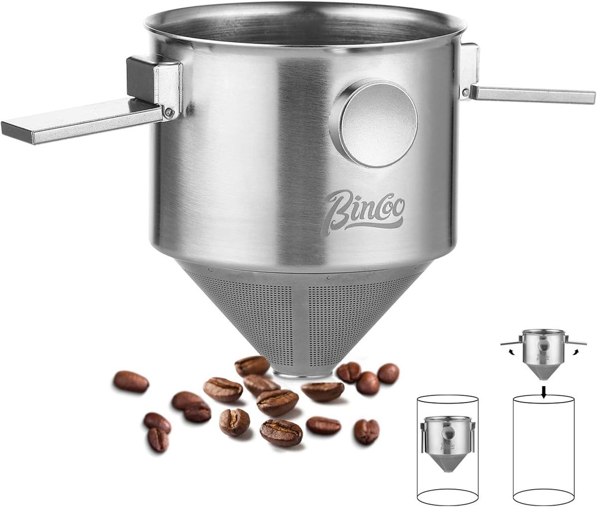 Bincoo Pour Over Coffee Dripper, Portable Stainless Steel Reusable Coffee Filter, Mini Collapsible Paperless Single Serve 1-2 Cup Coffee Dripper Cup Easy To Clean For Travel Camping Offices