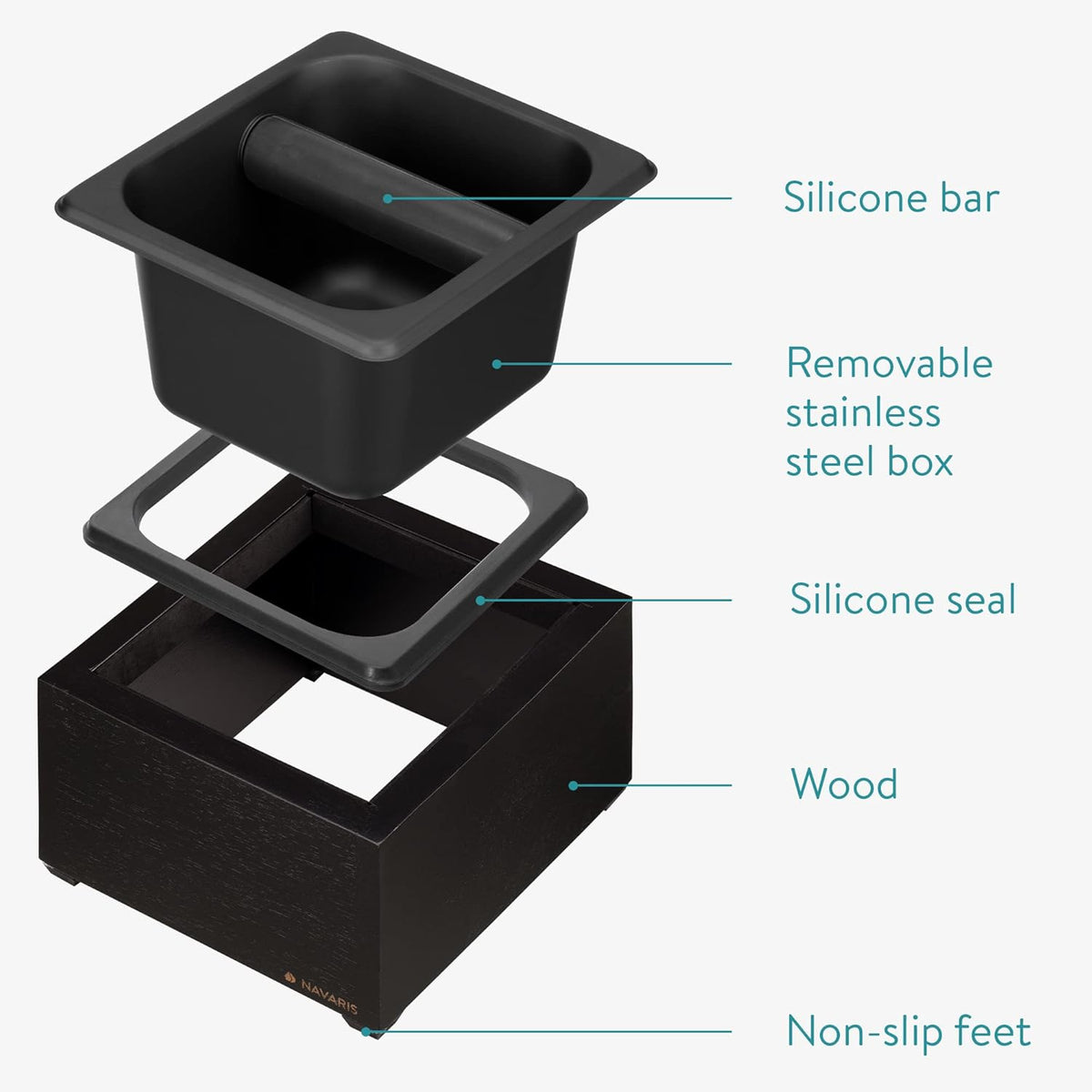 Navaris Coffee Knock Box - Stainless Steel and Wood Bin for Espresso Machine Grounds - With Silicone Bar for Knocking Portafilter Filter Grinds - Black/Black