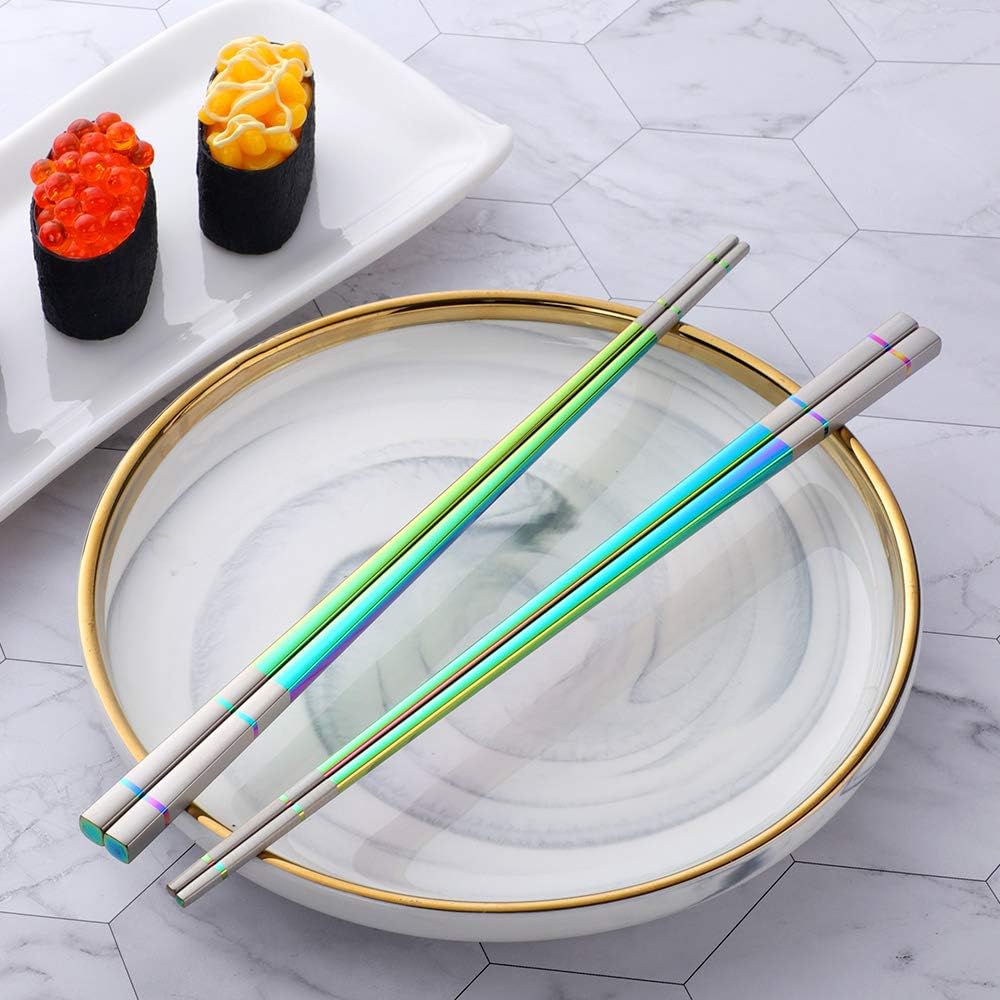 Buyer Star 5-Pair Stainless Steel Metal Reusable Rainbow Chinese Square Chopsticks