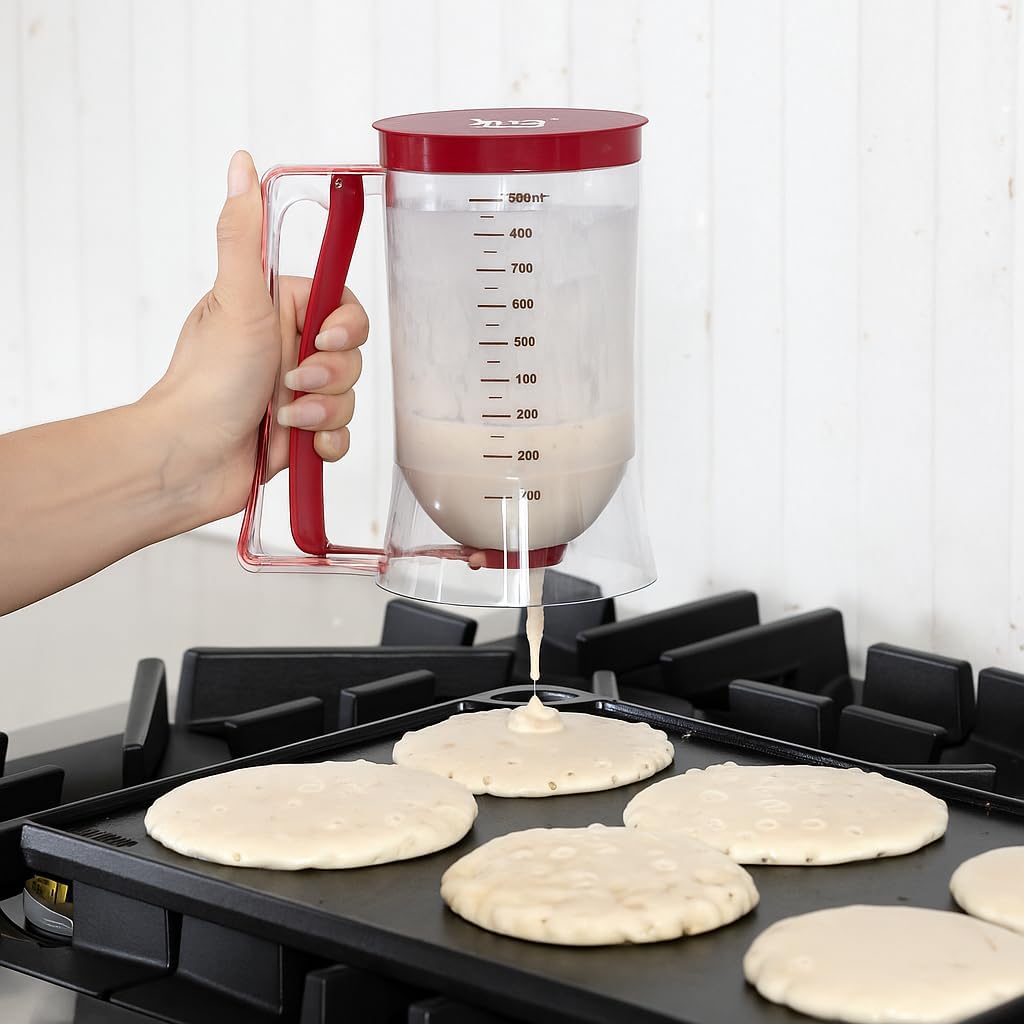 Pancake Batter Dispenser - Kitchen Must Have Tool for Perfect Pancakes, Cupcake, Waffle, Muffin Mix, Cake & Crepe - Easy Pour Baking Supplies for Griddle - Pancake Maker with Measuring Label (Red)