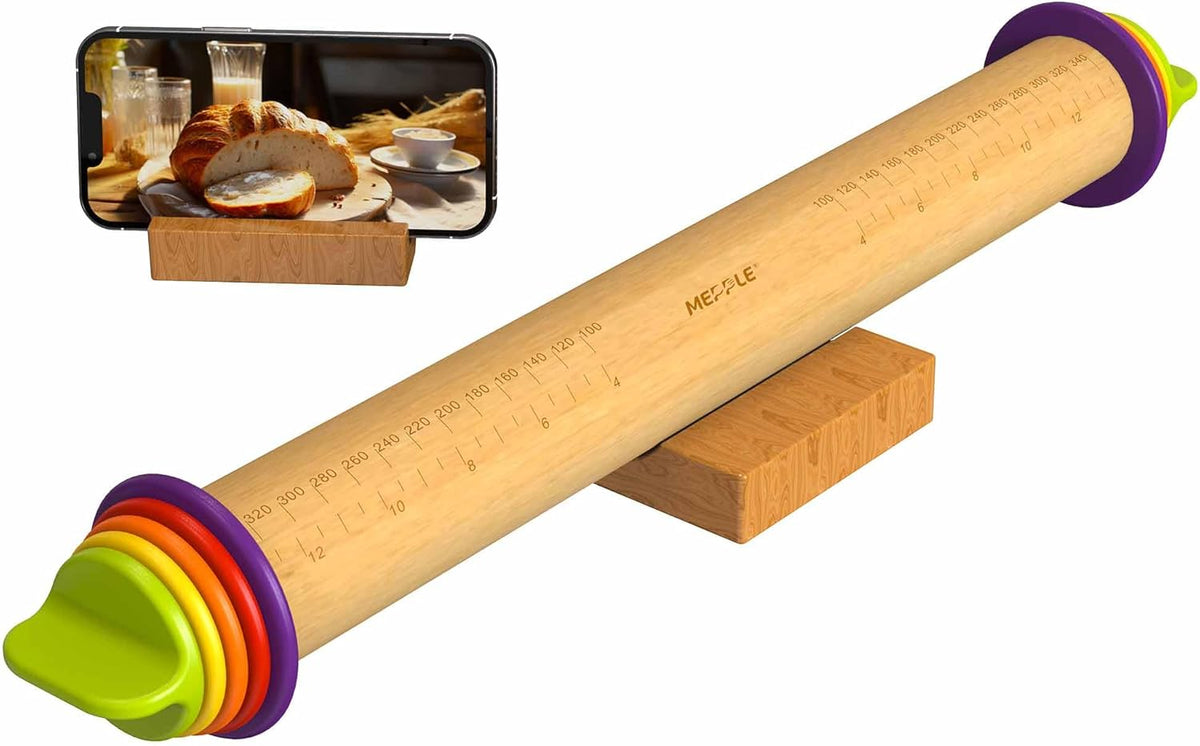 Rolling Pin with Thickness Rings for Baking,Fondant, Pizza, Pie Crust, Cookie, Pastry, Roller Rod for Dough Thickness, 13.6" Adjustable Wood Rolling Pin with 4 Thickness Rings and Wooden Stand