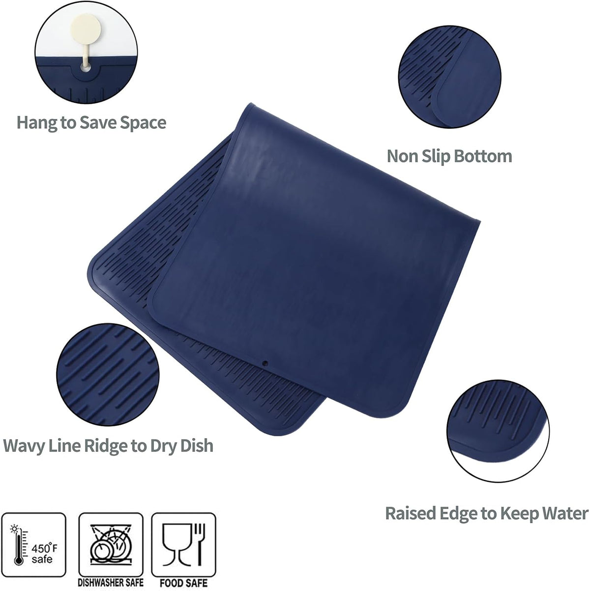 Silicone Dish Drying Mat for Multiple Usage,Easy clean,Eco-friendly,Heat-resistant Silicone Mat for Kitchen Counter or Sink,Refrigerator or Drawer Liner Navy Blue 5XL 36inches x 18inches