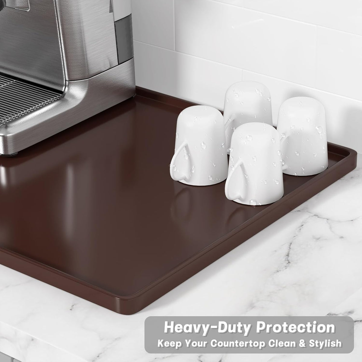 Rnivvi Silicone Coffee Mat, 12" x 19" Waterproof Raised Edge Coffee Bar Mats for Espresso Machine Station Accessories, Heat Resistant Dish Drying Pad for Kitchen Counter, Rubber Bar Decor Pad, Brown