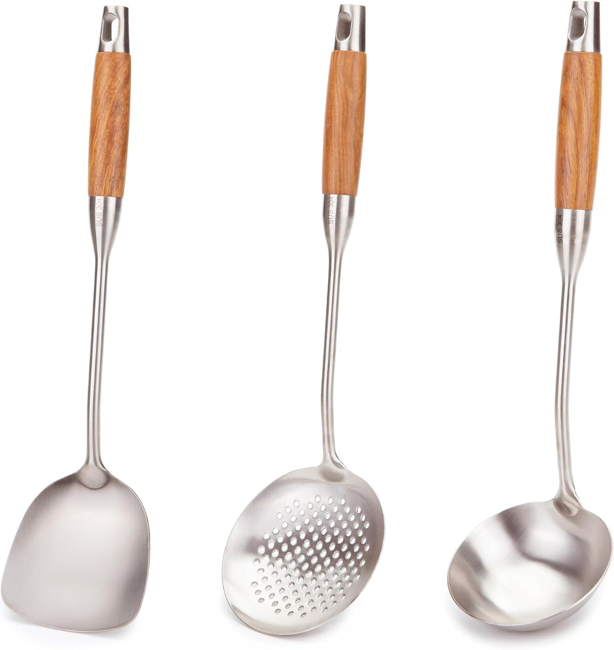 FJNATINH Wok Utensils - Wok tTools - Spatula and Ladle, Skimmer Spoon Set Metal 304 Stainless Steel Kitchen Cooking Utensils Sets, 3-Pieces Wok Tools, Wooden Handle 14-15 Inch