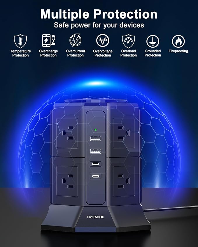 Surge Protector Power Strip Tower with 8 AC Outlets 4 USB Ports(2 Type C), 6.5 FT Ultra Flat Extension Cord, Flat Plug Power Strips Tower with Surge Protection for Home, Office, Dorm
