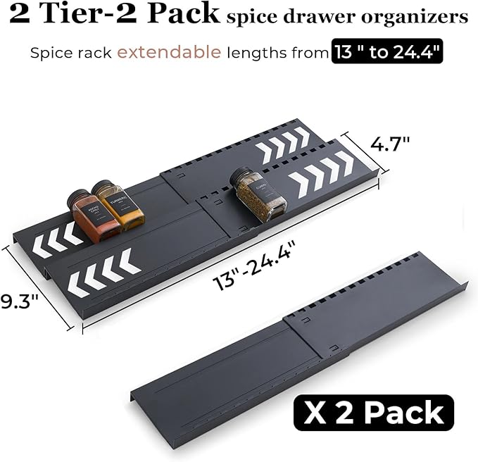 Spice Drawer Organizer, 2 Tier- 2 Pack Drawer Seasoning Organizer Expandable from 13" to 24.4", Spice Rack for Kitchen Drawers, Spice Organization Insert Tray for Drawer (Jars not included)