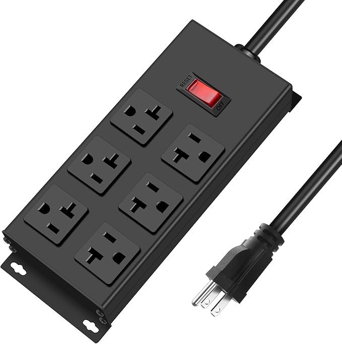 JUNNUJ Heavy Duty 20 Amp Power Strip, Garage 6 Outlets Metal 12 Gauge Surge Protector 3000J, High Amp 5-15P Adapter Shop 6-20R T-Slot Industrial (6AC, 15FT)