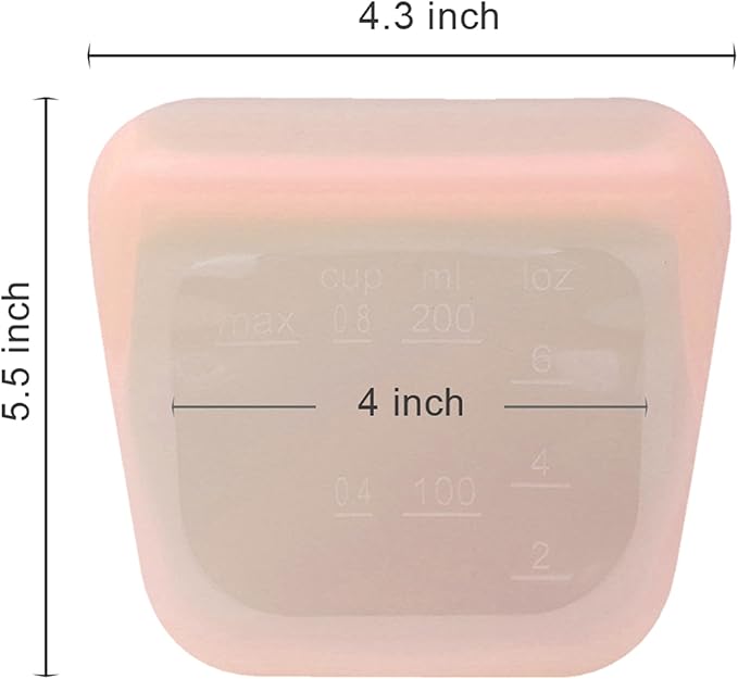 purifyou Set of 5 Reusable Silicone Storage Snack Bags 6oz / 16oz / 32oz / 64oz Self-Seal Food Storage Container for Fruits, Vegetables, Sandwiches, Dishwasher Safe & Leak-free (CloudPink, 6oz)