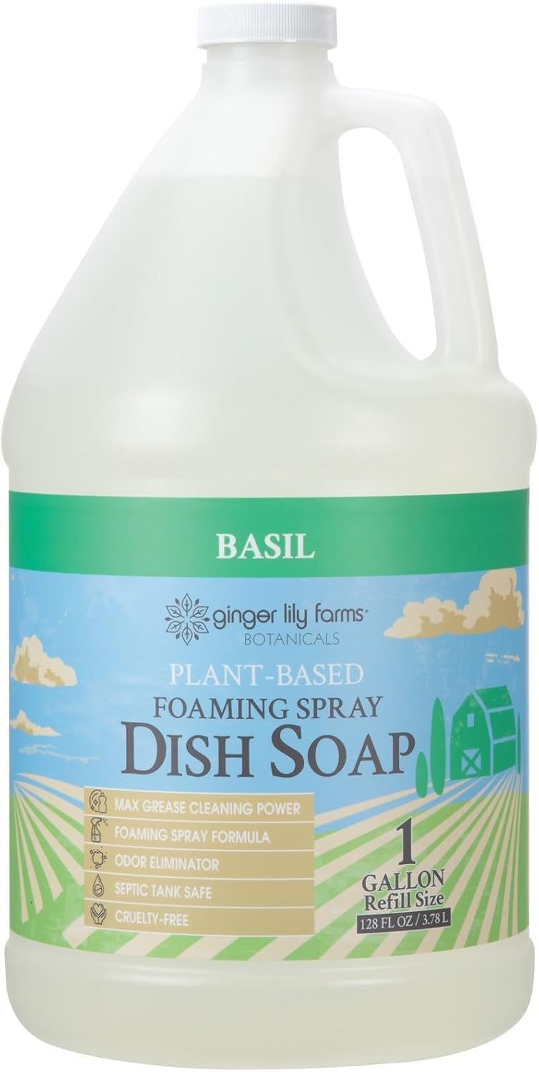 Ginger Lily Farms Botanicals Plant-Based Foaming Spray Dish Soap, Concentrated Formula with Max Grease Cleaning Power, Cruelty-Free, Basil Scent, 1 Gallon Refill (128 Fl Oz)