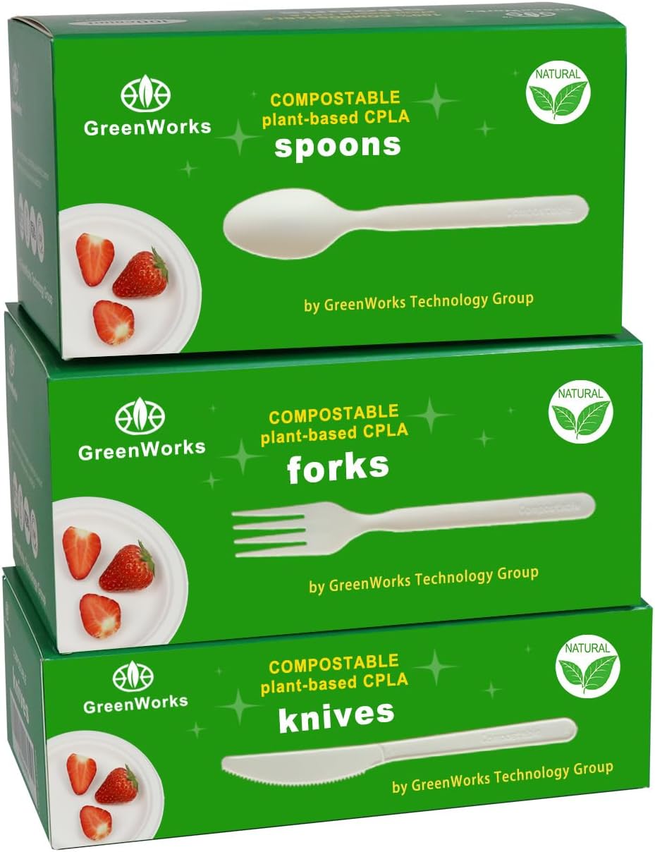 GreenWorks 300 Count 7" Heavy-duty Compostable Cutlery Set,100 Forks 100 Spoons 100 Knives,BPI Certified Large t Disposable Bio-based Cutlery