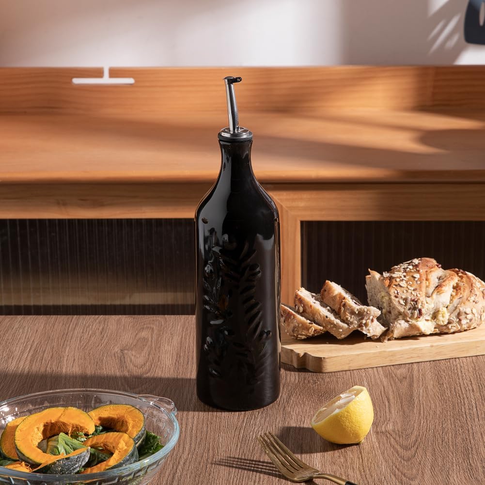 Sweejar Large Olive Oil Dispenser Bottle with Spout, 24 Oz Ceramic Oil Dispenser for Kitchen, Relief Opaque Oil Cruet, Oil Container for Cooking, EVOO, Avocado Oil, Vinegar, Pack of 1(Black)