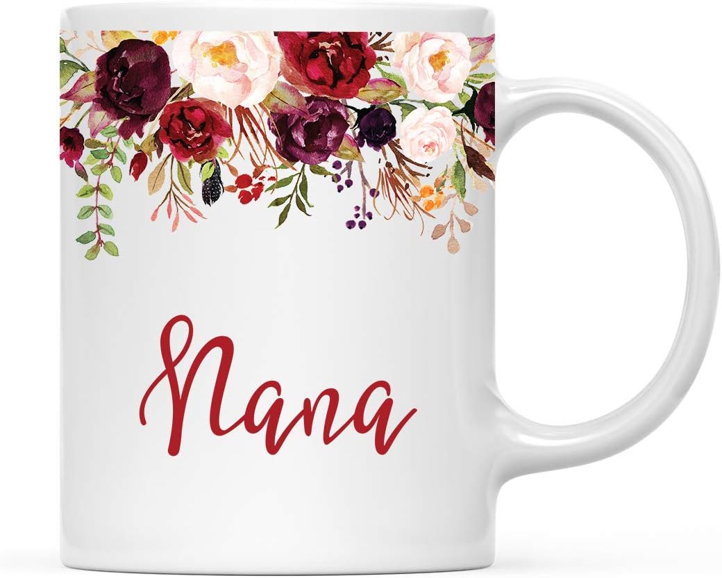 Andaz Press 11oz. Mother's Day Ceramic Coffee Tea Mug Gift, Fall Autumn Marsala Burgundy Flowers Roses Florals, Nana, 1-Pack, Includes Gift Box, Birthday Christmas Gift Ideas