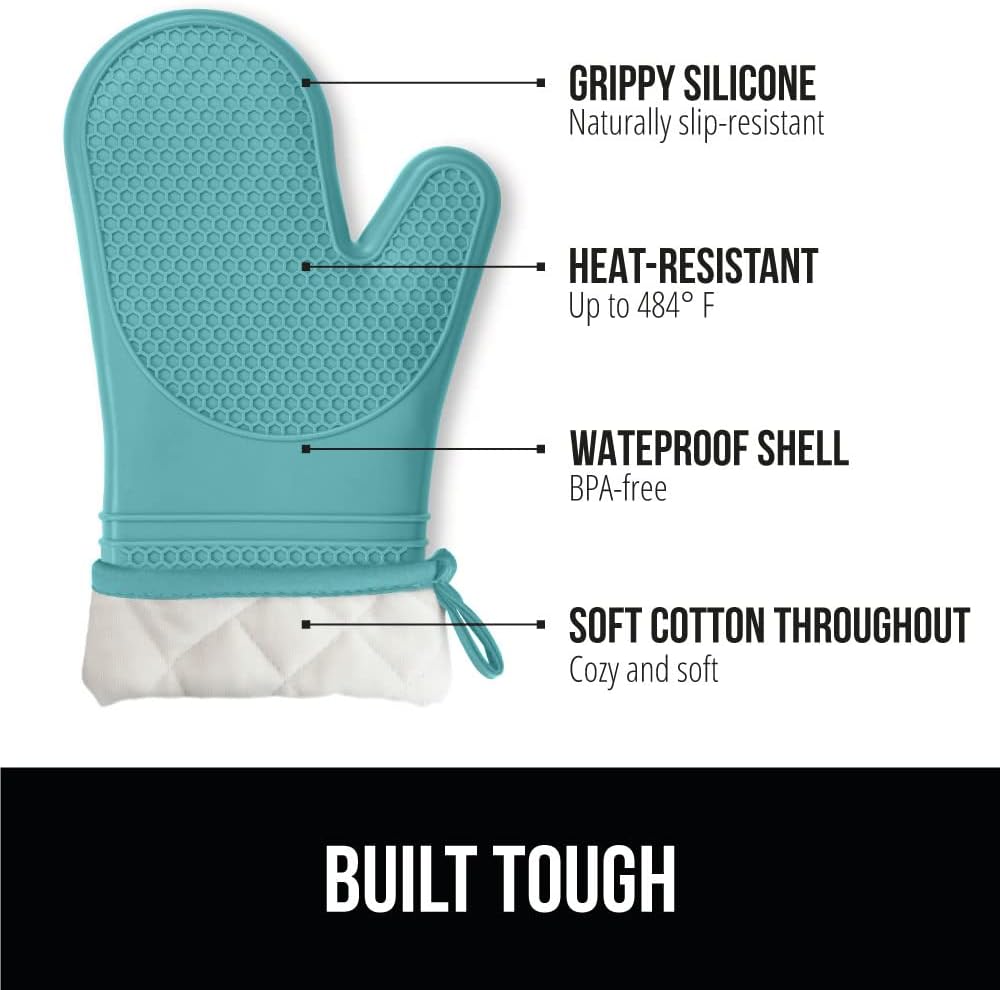 GORILLA GRIP BPA-Free Soft Silicone Oven Mitts, 14.5x8.3, Heat Resistant and Waterproof Cooking Gloves, Thick Cotton Lining, Flexible Gripping for Baking Grilling, Kitchen Potholders Set, Turquoise