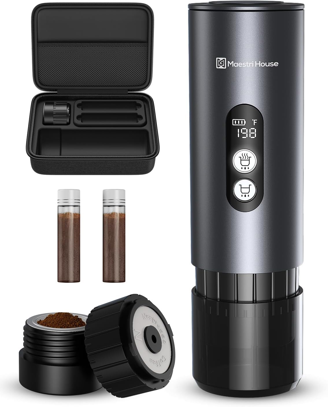 Maestri House 150W Espresso Maker with 2-3 Min Fast Self-Heating, Portable Travel Espresso Coffee Machine with Bag, Small Tea Cup Also Holder for NS Capsule & Ground Coffee for Car Camping, RV, Hiking