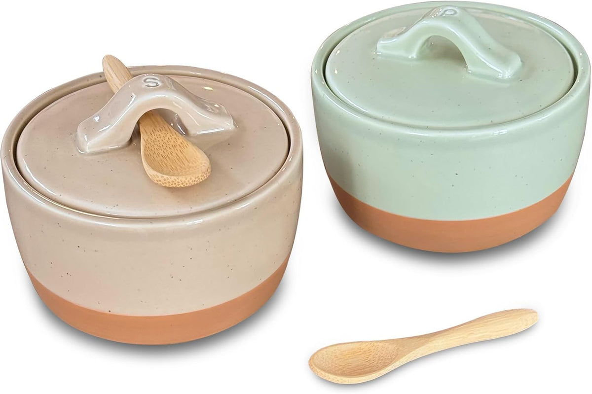 Mora Ceramic Salt and Pepper Cellar Set with Lid - 10 oz Modern Canister/Container/Bowl for Storage, Sea Salt, Spice, Sugar, Countertop - Small Dish/Jar with Wood Spoon, Matcha & Chai Crock