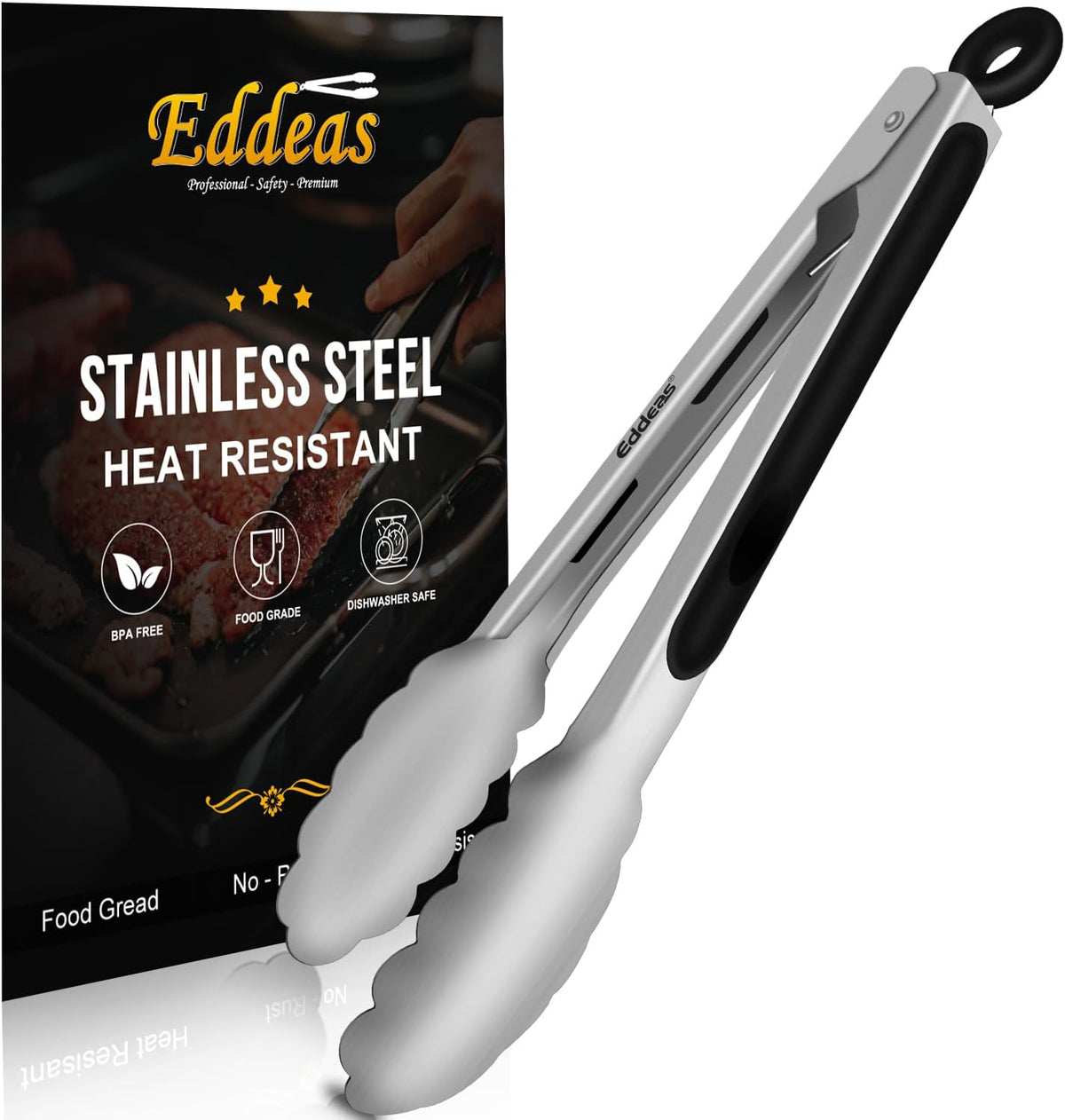 Kitchen Tongs - 9 inch Heavy Duty Food Tongs, Ergonomic Grip Superior Stainless Steel and Non-Slip Heat Resistant handle - Perfect for Cooking, Salad, Grilling, Barbecue,Dishwasher safe