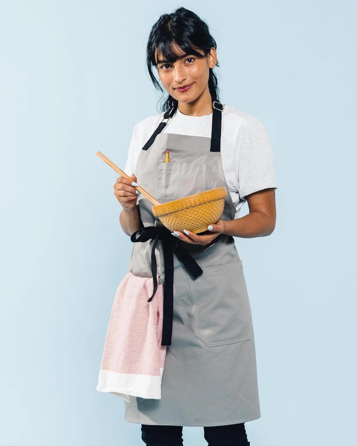 Caldo Daily Cotton Kitchen Apron for Cooking- Mens and Womens Professional Chef or Server Bib Apron - Adjustable Straps with Pockets and Towel Loop (Grey)